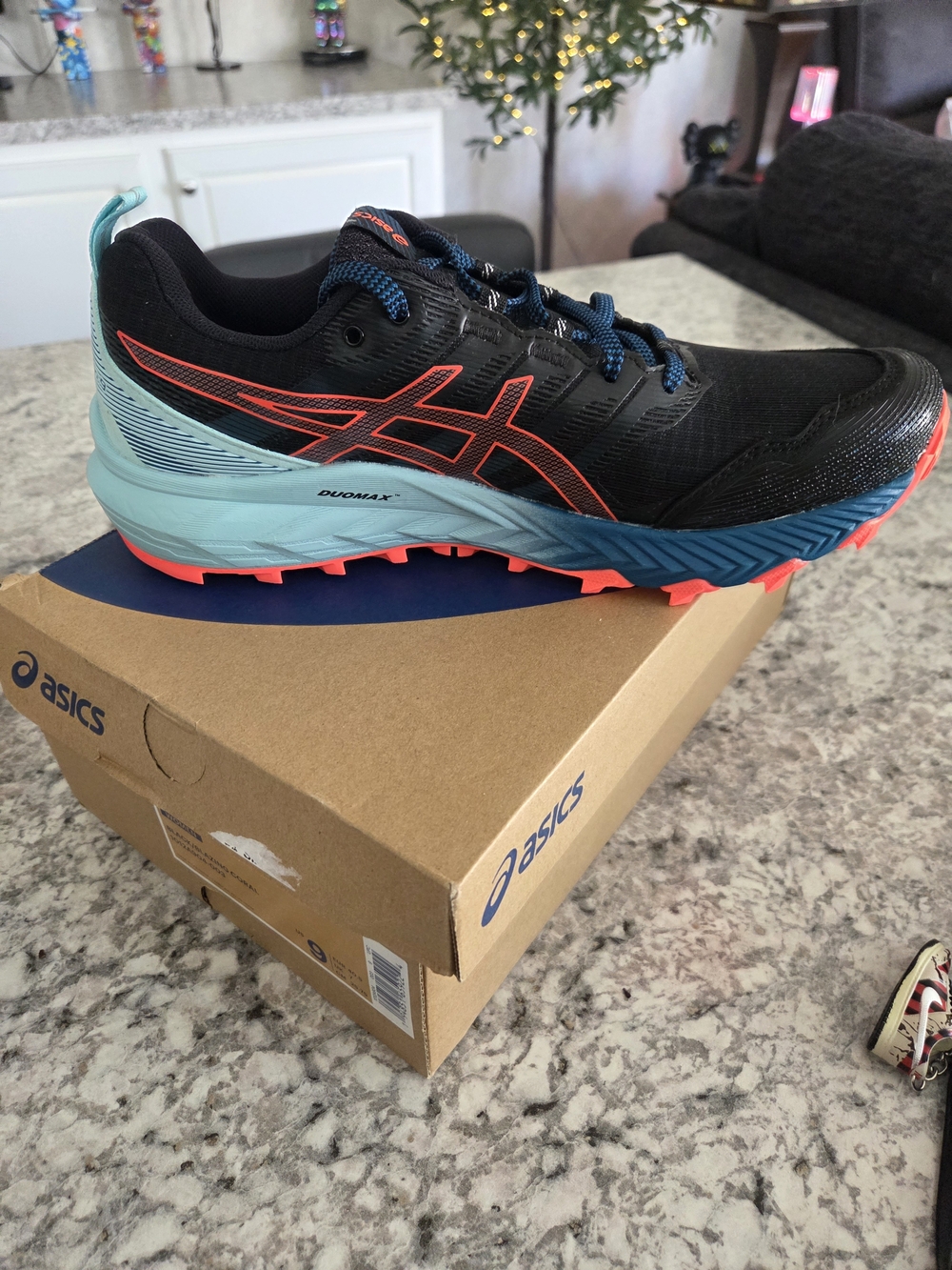 New In Box ASICS Women's Trail Gel  Running Shoes - Black with Teal & Coral Sz 9